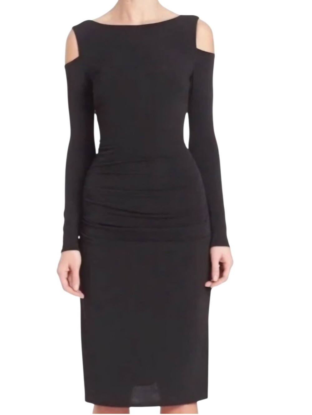 Laundry By Shelli Segal Cold Shoulder Black Ruched Minimalist Chic Midi Dress 8